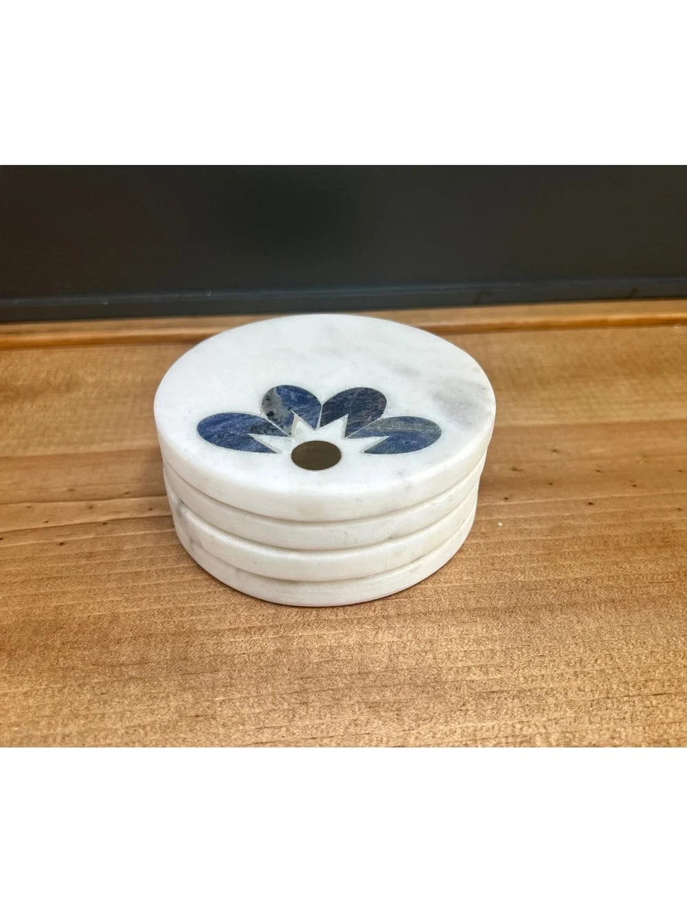Set of 4 GAURI KOHLI Santorini White Marble Coasters with Blue and Gold Inlay
